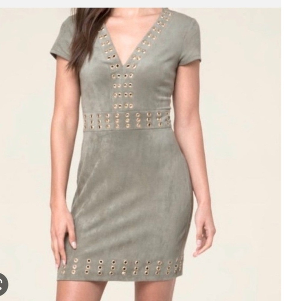 Bebe Faux Suede Grommet Mini Dress Sage Green Olive V-Neck Short Sleeve Bodycon